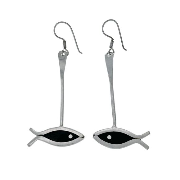 Southwest Mexico Taxco TR-06 Sterling Silver Black Enamel Fish Dangle Earrings - Picture 1 of 5
